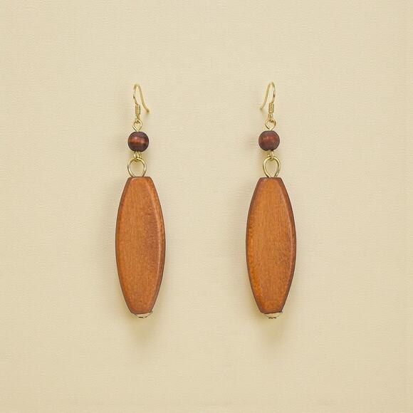 Geometric Wooden Dangle Earrings – Boho Gold Tone Statement Drops - Picture 8 of 9